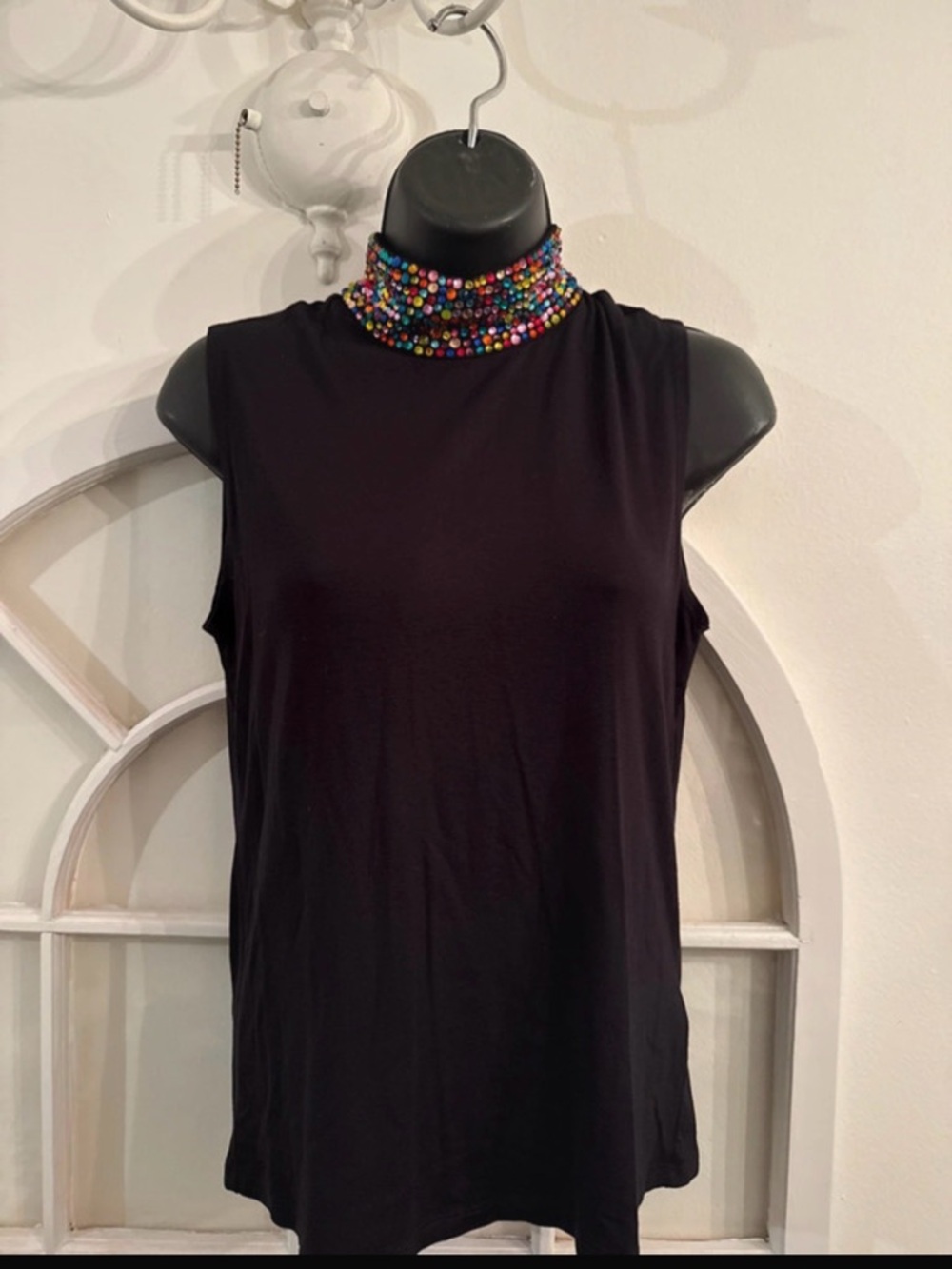 L'AGENCE Black Sleeveless Tank with Multicolor Beaded Mock Neck